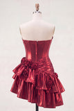 Metallic Burgundy A-Line Off the Shoulder Corset Short Prom Dress with 3D Flowers