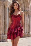 Metallic Burgundy A-Line Off the Shoulder Corset Short Prom Dress with 3D Flowers