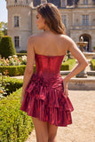 Metallic Burgundy A-Line Off the Shoulder Corset Short Prom Dress with 3D Flowers