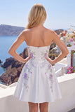 A-Line Sweetheart White Floral Short Prom Dress with Beading