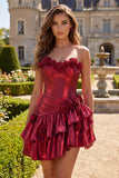Metallic Burgundy A-Line Off the Shoulder Corset Short Prom Dress with 3D Flowers
