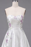 A-Line Sweetheart White Floral Short Prom Dress with Beading