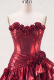 Metallic Burgundy A-Line Off the Shoulder Corset Short Prom Dress with 3D Flowers