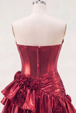 Metallic Burgundy A-Line Off the Shoulder Corset Short Prom Dress with 3D Flowers
