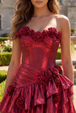 Metallic Burgundy A-Line Off the Shoulder Corset Short Prom Dress with 3D Flowers