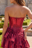 Metallic Burgundy A-Line Off the Shoulder Corset Short Prom Dress with 3D Flowers