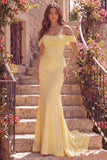 Yellow Off the Shoulder Mermaid Corset Ruched Long Prom Dress with Pearls