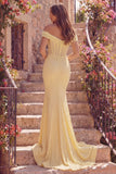 Yellow Off the Shoulder Mermaid Corset Ruched Long Prom Dress with Pearls