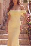 Yellow Off the Shoulder Mermaid Corset Ruched Long Prom Dress with Pearls