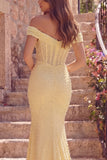 Yellow Off the Shoulder Mermaid Corset Ruched Long Prom Dress with Pearls
