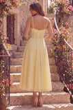 Yellow A-Line Corset Spaghetti Straps Midi Prom Dress with Pearls