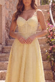 Yellow A-Line Corset Spaghetti Straps Midi Prom Dress with Pearls