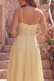 Yellow A-Line Corset Spaghetti Straps Midi Prom Dress with Pearls