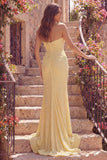 Yellow Mermaid Sweetheart Ruched Pearls Long Prom Dress with Slit