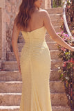 Yellow Mermaid Sweetheart Ruched Pearls Long Prom Dress with Slit