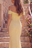 Yellow Off the Shoulder Mermaid Corset Long Prom Dress with Pearls