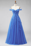 Dark Blue Off the Shoulder A-Line Corset Long Prom Dress with Appliques