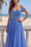 Dark Blue Off the Shoulder A-Line Corset Long Prom Dress with Appliques