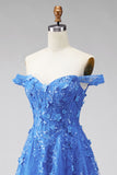 Dark Blue Off the Shoulder A-Line Corset Long Prom Dress with Appliques