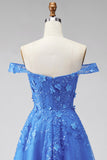 Dark Blue Off the Shoulder A-Line Corset Long Prom Dress with Appliques