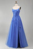 Dark Blue A-Line Corset Beaded Appliqued Long Prom Dress with Slit