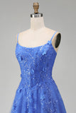 Dark Blue A-Line Corset Beaded Appliqued Long Prom Dress with Slit