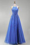 Dark Blue A-Line Halter Neck Corset Beaded Appliqued Long Prom Dress with Slit