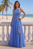 Dark Blue A-Line Halter Neck Corset Beaded Appliqued Long Prom Dress with Slit