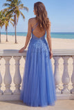 Dark Blue A-Line Halter Neck Corset Beaded Appliqued Long Prom Dress with Slit
