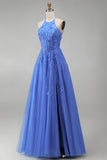 Dark Blue A-Line Halter Neck Corset Beaded Appliqued Long Prom Dress with Slit