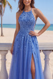Dark Blue A-Line Halter Neck Corset Beaded Appliqued Long Prom Dress with Slit