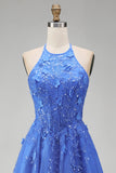 Dark Blue A-Line Halter Neck Corset Beaded Appliqued Long Prom Dress with Slit