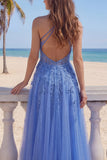 Dark Blue A-Line Halter Neck Corset Beaded Appliqued Long Prom Dress with Slit