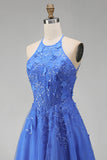 Dark Blue A-Line Halter Neck Corset Beaded Appliqued Long Prom Dress with Slit