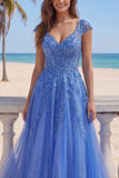 Dark Blue A-Line V-Neck Corset Long Prom Dress with Appliques