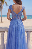 Dark Blue A-Line V-Neck Corset Long Prom Dress with Appliques
