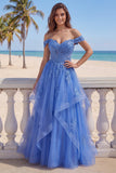 Off the Shoulder Tulle Dark Blue A-Line Corset Appliqued Long Prom Dress with Ruffles