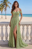 A-Line Sage Green Lace Off the Shoulder Corset Long Prom Dress with Slit