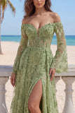 Lace Sage Green A-Line Off the Shoulder Beaded Long Prom Dress with Slit