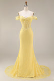 Yellow Lace Mermaid Off the Shoulder Corset Long Prom Dress