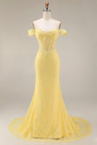 Lace Off the Shoulder Mermaid Corset Yellow Long Prom Dress