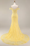Lace Off the Shoulder Mermaid Corset Yellow Long Prom Dress