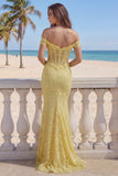 Yellow Lace Mermaid Off the Shoulder Corset Long Prom Dress
