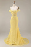 Lace Off the Shoulder Mermaid Corset Yellow Long Prom Dress