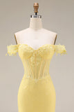 Lace Off the Shoulder Mermaid Corset Yellow Long Prom Dress