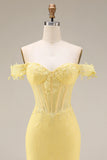 Yellow Lace Mermaid Off the Shoulder Corset Long Prom Dress