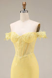 Lace Off the Shoulder Mermaid Corset Yellow Long Prom Dress