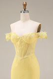 Yellow Lace Mermaid Off the Shoulder Corset Long Prom Dress