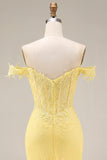Lace Off the Shoulder Mermaid Corset Yellow Long Prom Dress