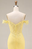 Yellow Lace Mermaid Off the Shoulder Corset Long Prom Dress